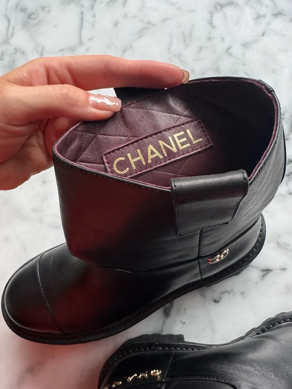 CHANEL Black Leather Lug-Sole Mid-Calf Combat boots